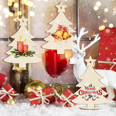 Decorative Christmas scene with wooden trees, deer, and presents on a snowy background.
