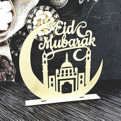 Cliths Eid Mubarak Wooden Table Decor Moon & Mosque Stand Ramadan Islamic Home Decoration Eid Al-Fitr