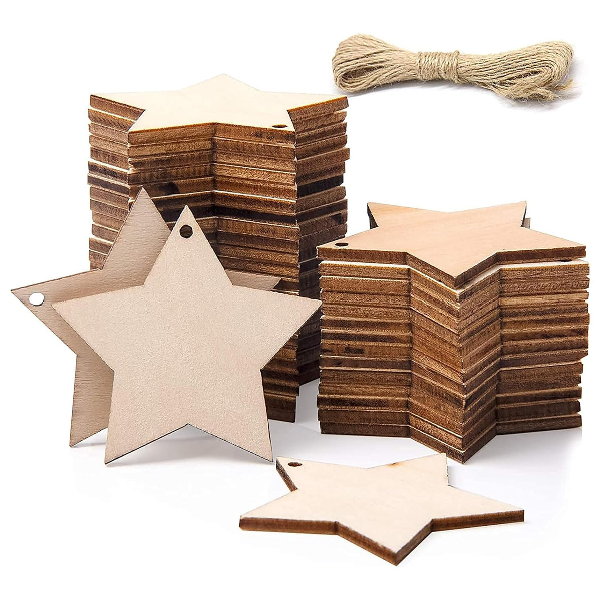 Star-shaped wooden tags with string on a white background