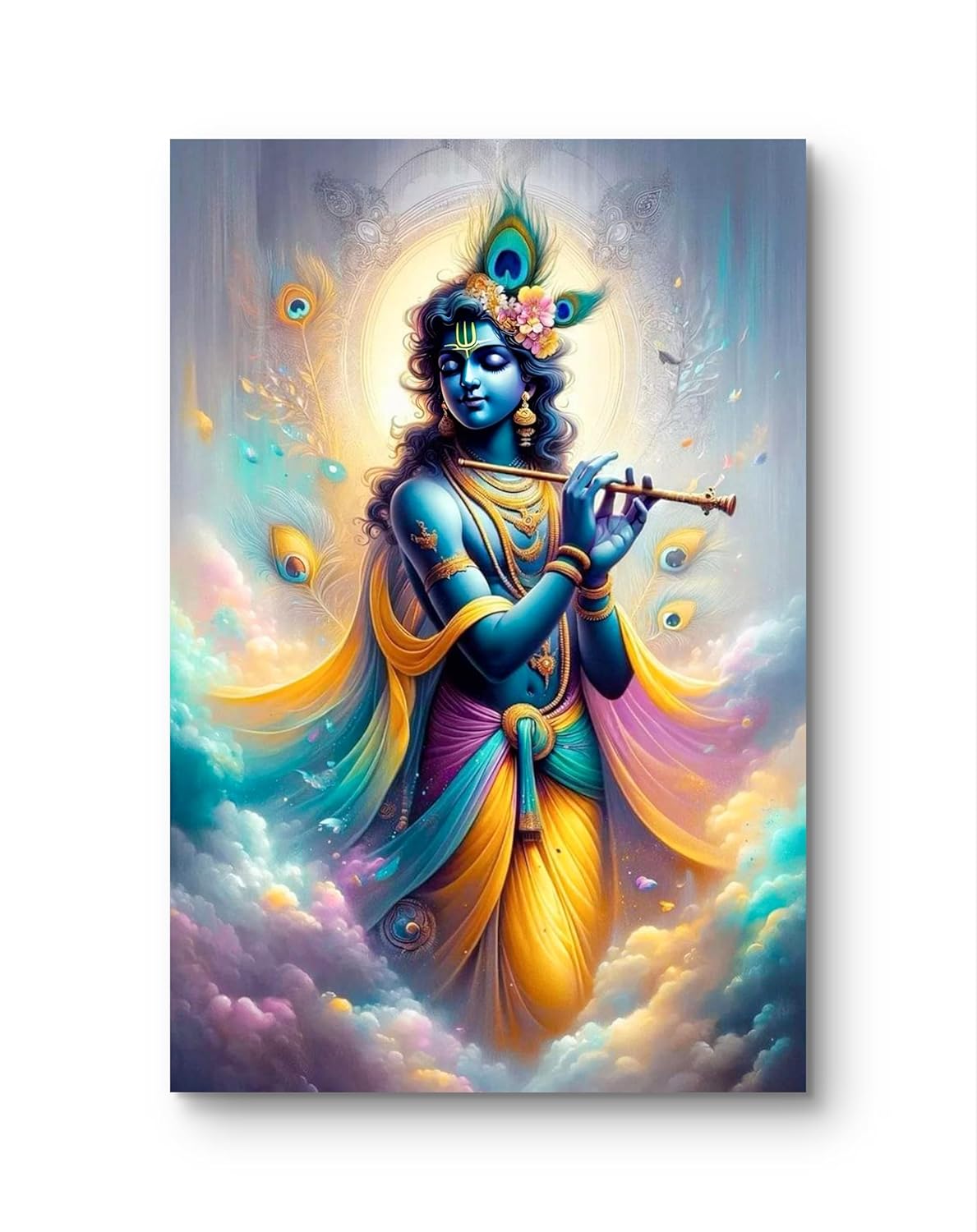 Colorful depiction of a divine figure with a flute against a cloud-like background