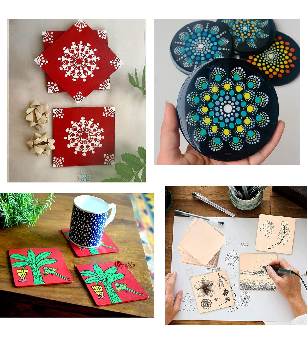 Collage of colorful coasters with artistic designs on a table.