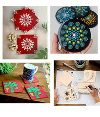 Collage of colorful coasters with artistic designs on a table.