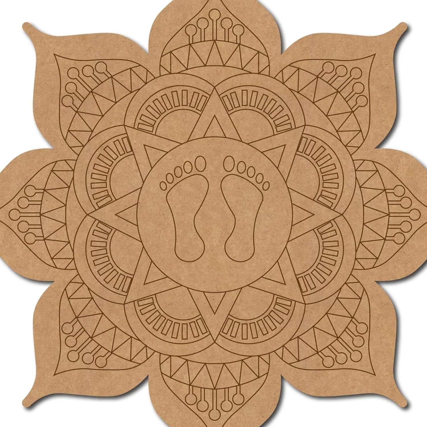 Brown paper cutout with footprints and geometric patterns on a white background