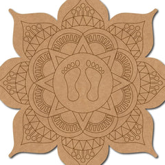 Brown paper cutout with footprints and geometric patterns on a white background