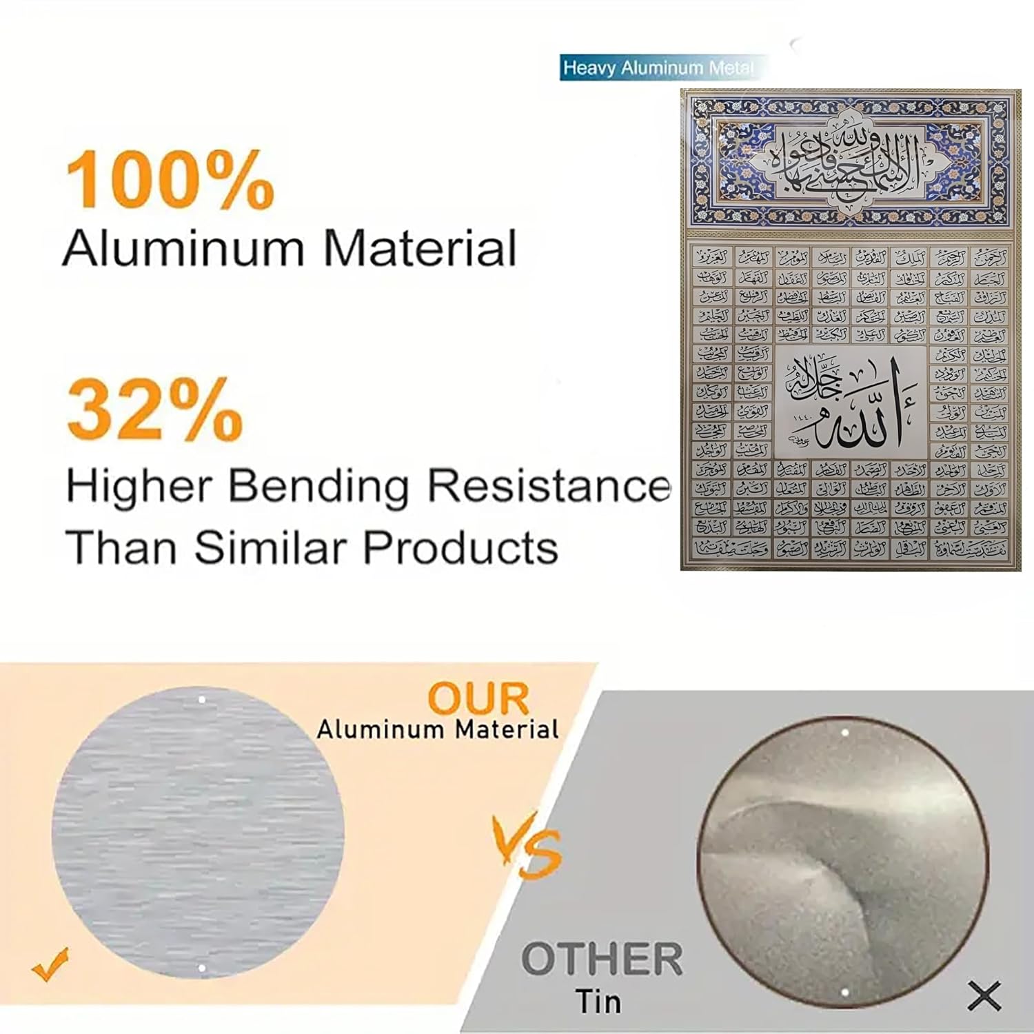 Product display with text about aluminum material and bending resistance, featuring a decorative panel and metal samples.