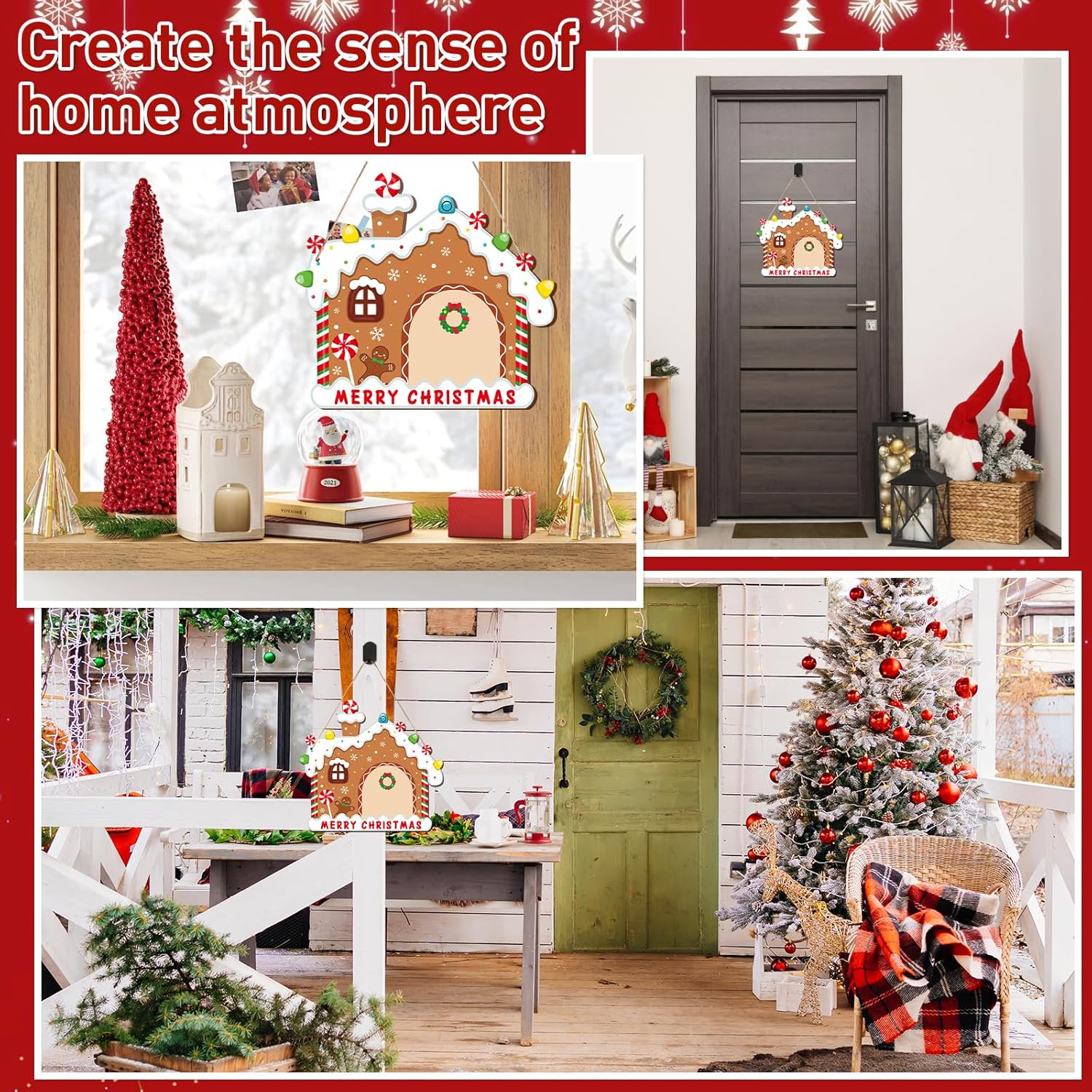 Collage of Christmas decorations including a gingerbread house, wreath, and tree.