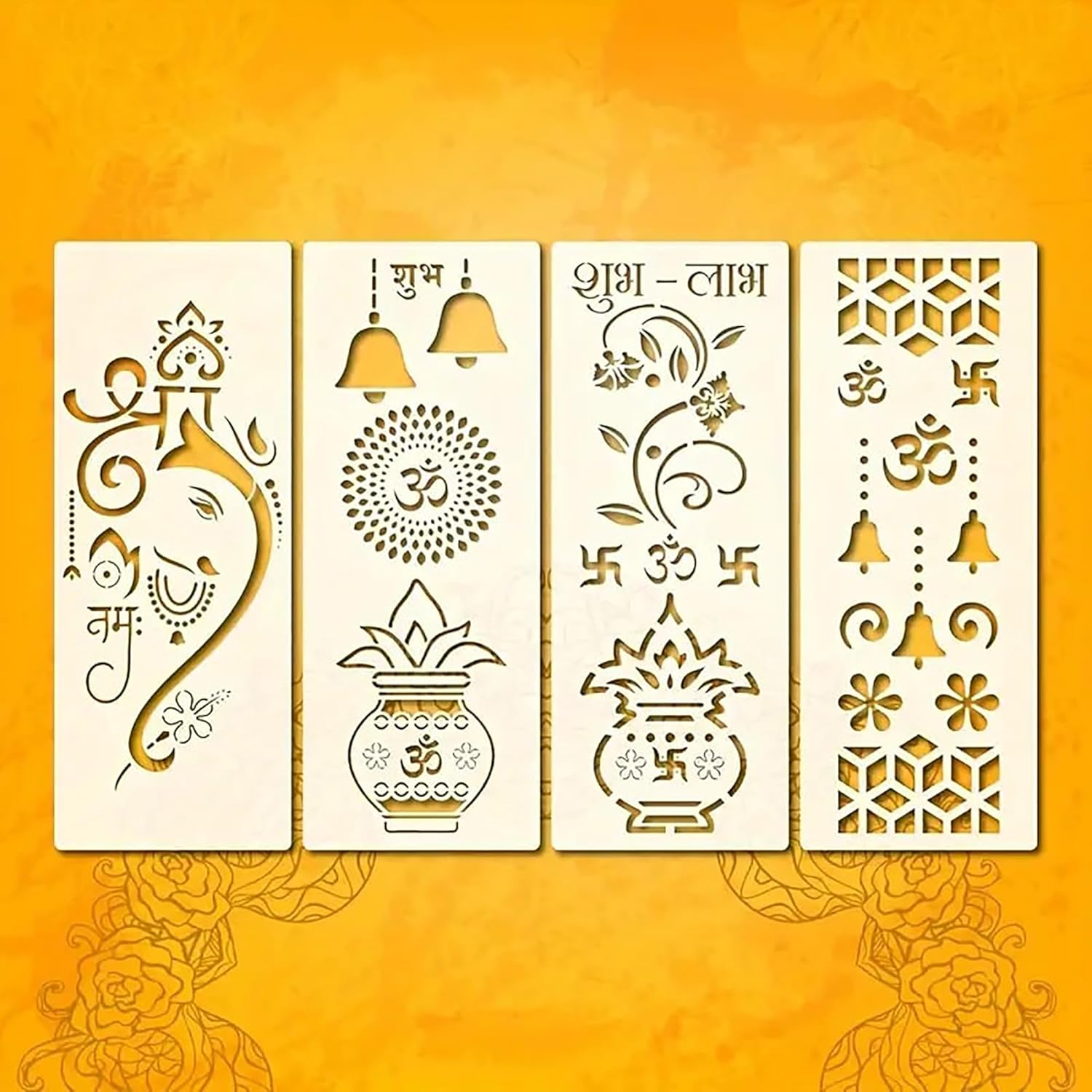 Set of four decorative stencils with various patterns on a yellow background