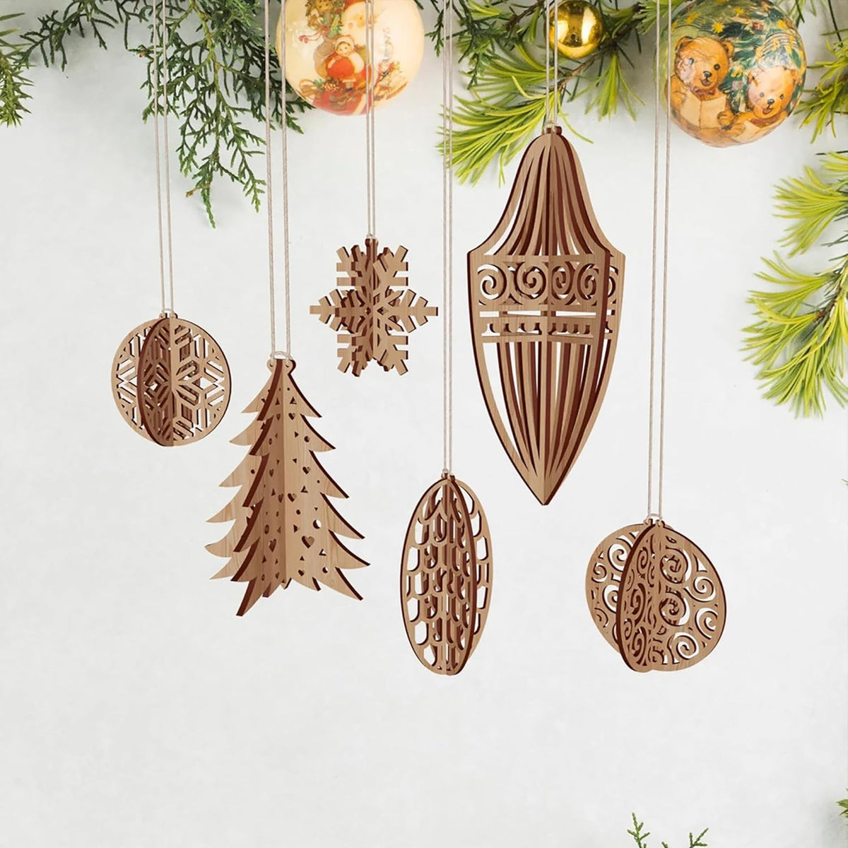 Decorative Christmas ornaments with intricate patterns on a white background