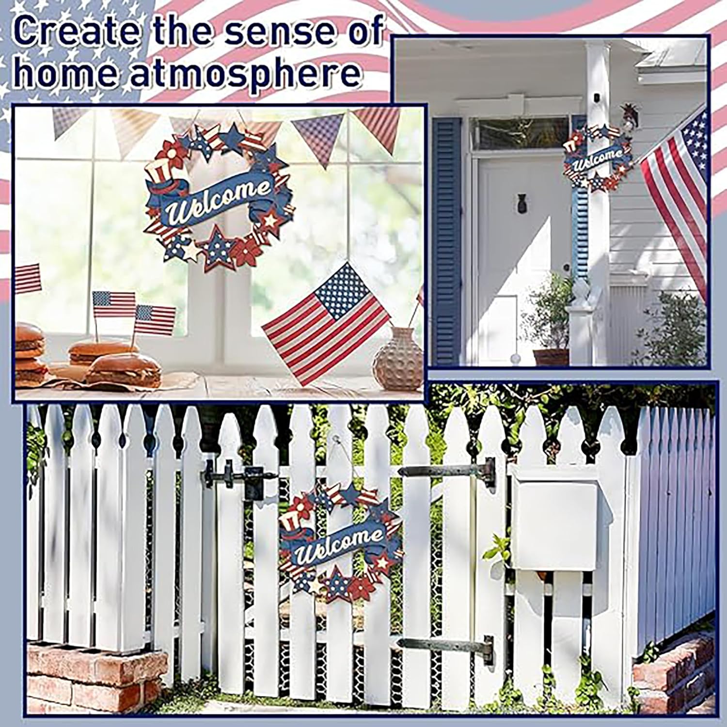 Decorative elements for creating a home atmosphere with American flags and 'Welcome' signs.