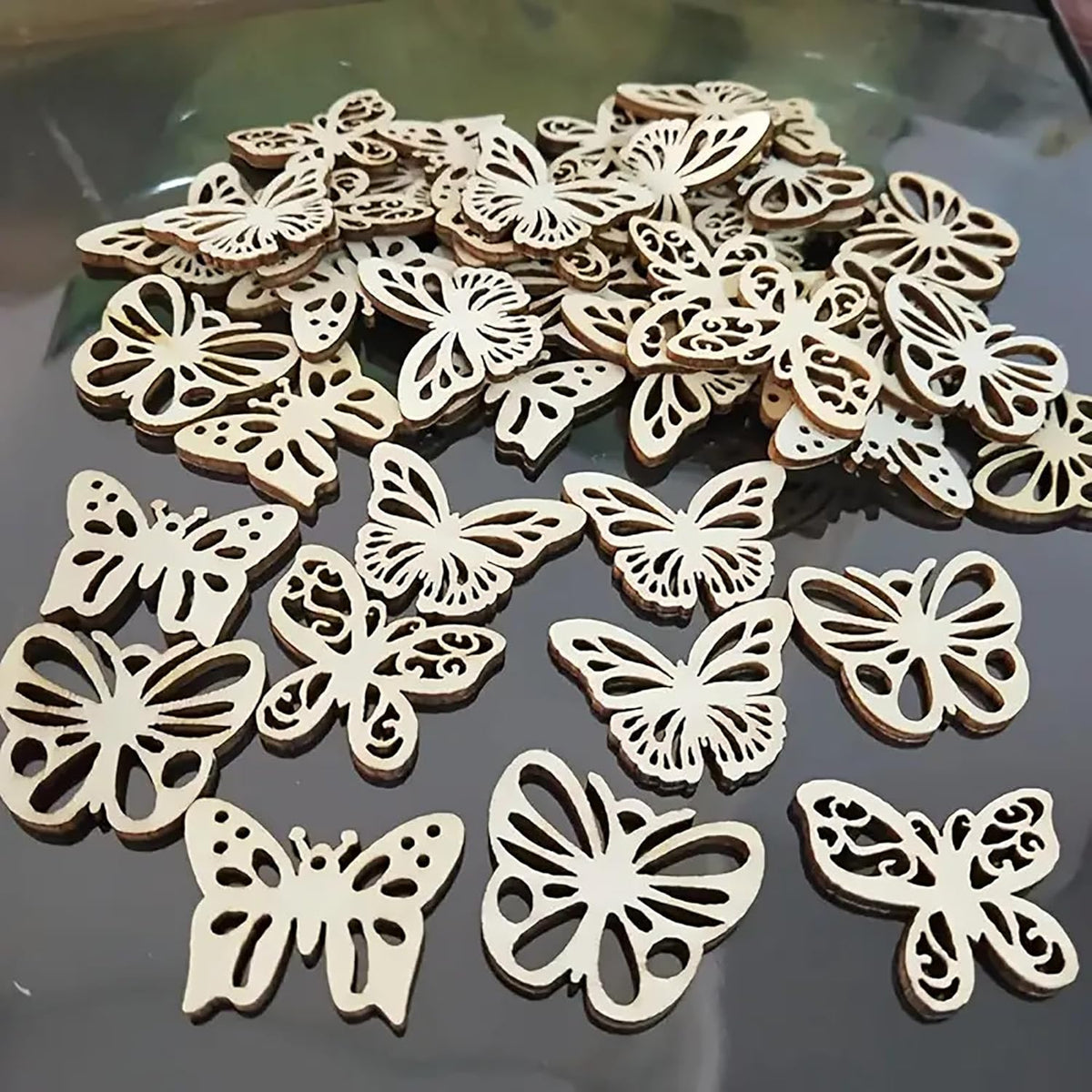 Wooden butterfly decorations on a reflective surface