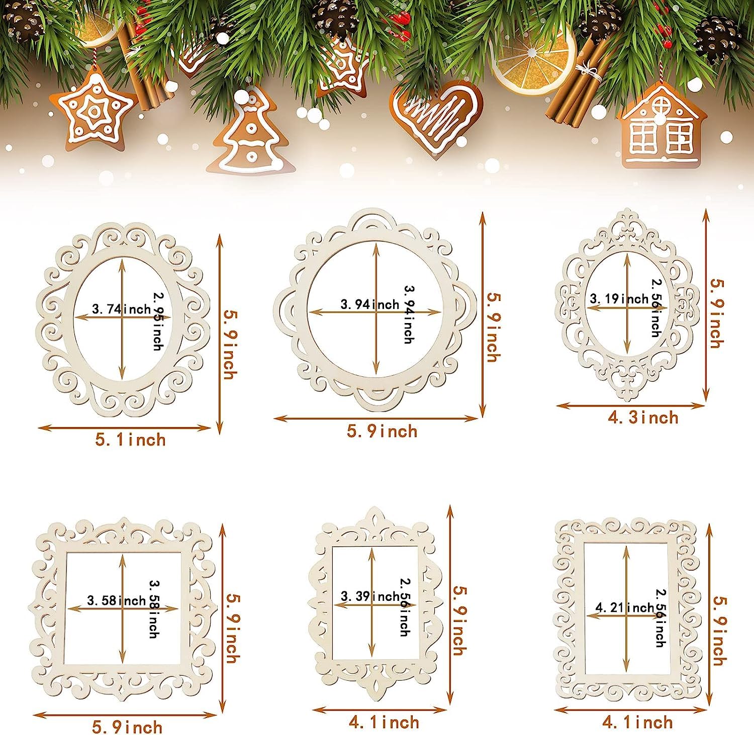 Set of decorative frames with measurements and Christmas-themed elements at the top.