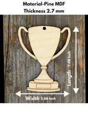 Wooden trophy-shaped cutout with dimensions on a wooden background