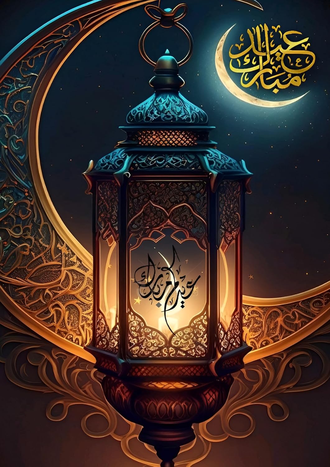 Decorative lantern with Arabic calligraphy against a dark background with crescent moon and stars.
