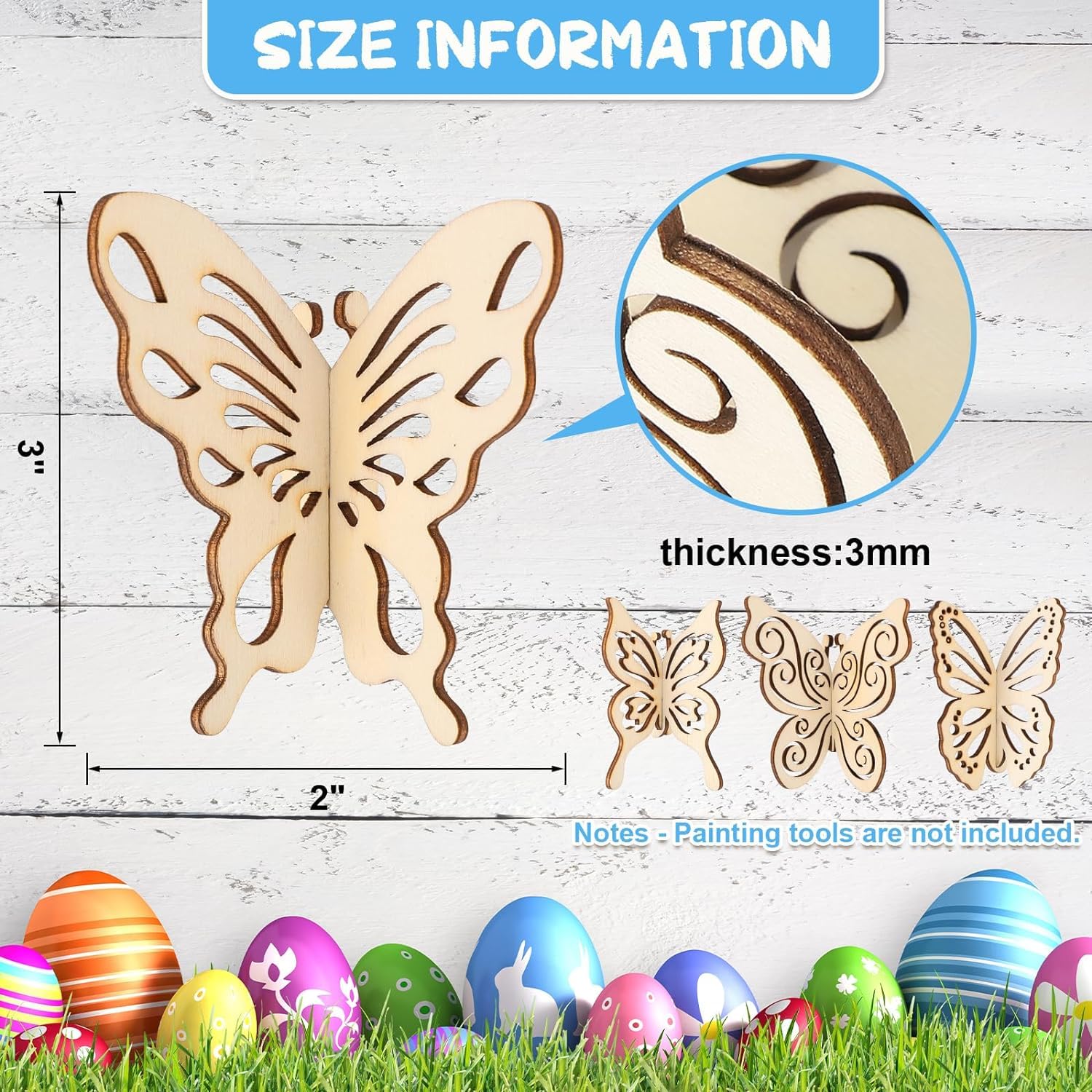 Wooden butterfly cutout with size information and Easter eggs in the background