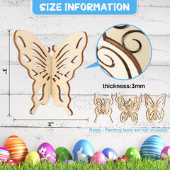 Wooden butterfly cutout with size information and Easter eggs in the background