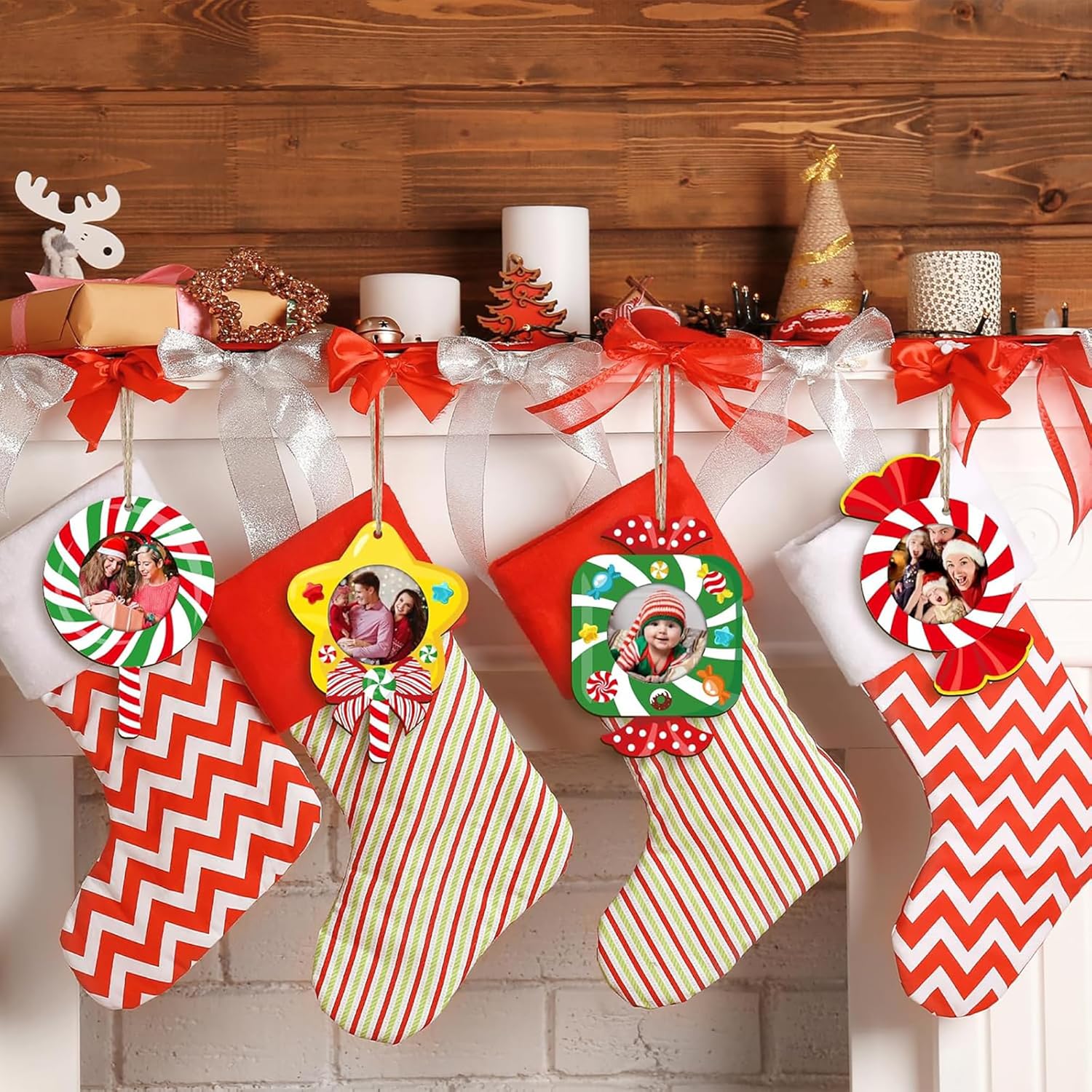 Decorative Christmas stockings with colorful patterns and ribbons on a wooden background.