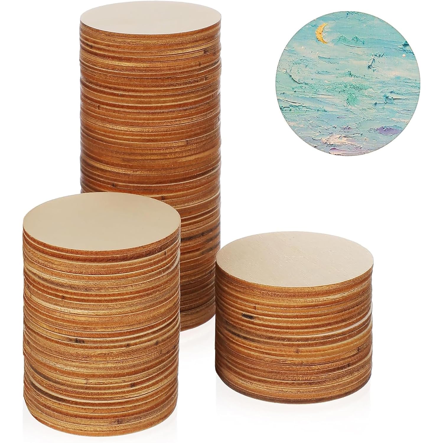 Stacks of round wooden coasters with a close-up inset showing a textured surface.