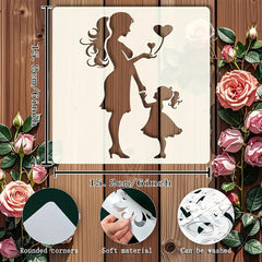 Silhouette of a woman and child with heart-shaped balloons on a wooden background with roses.
