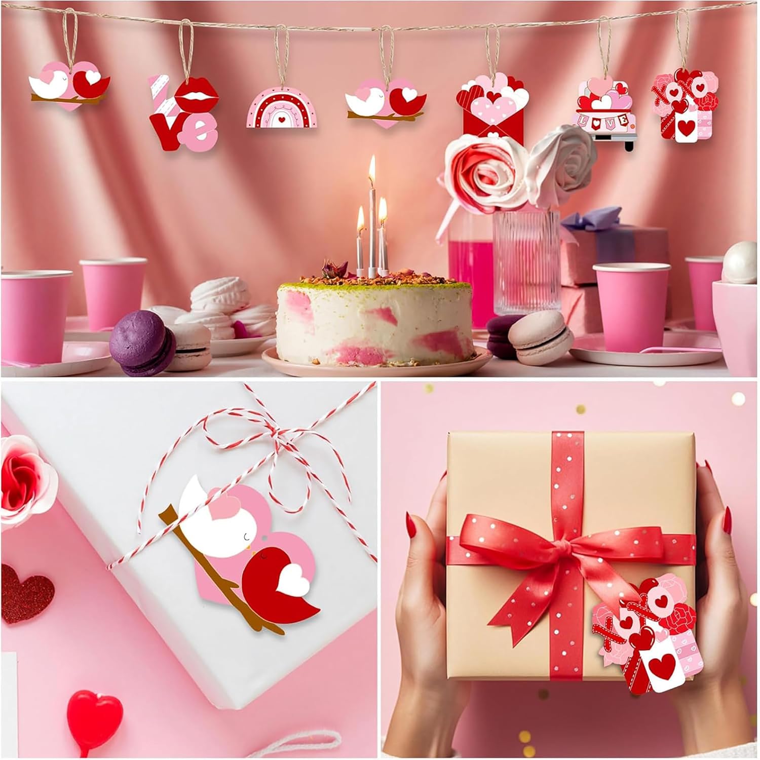 Valentine's Day-themed decor with a cake, gift boxes, and decorative items on a pink background.