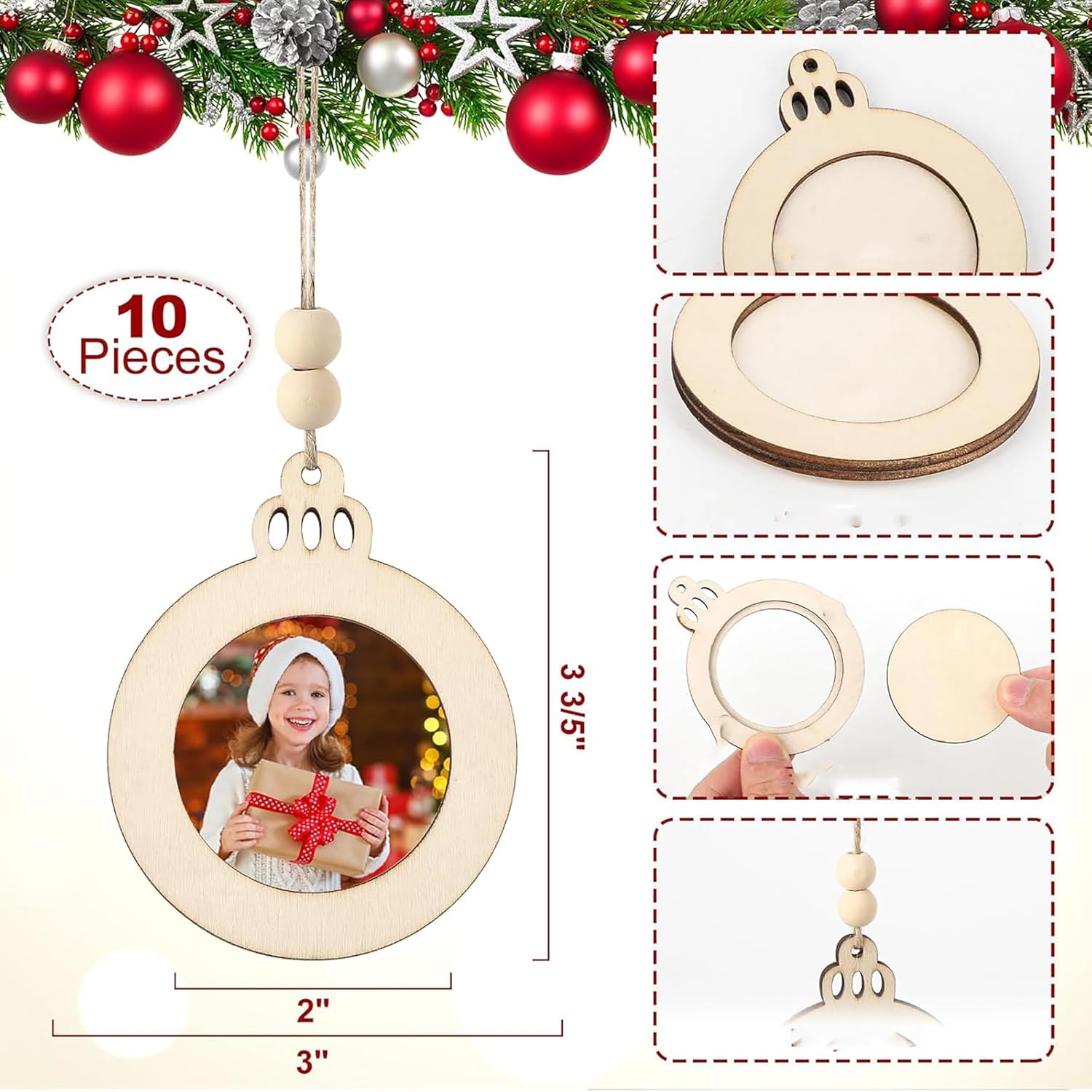 Wooden photo ornament set with measurements and a Christmas tree background