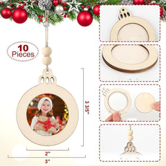 Wooden photo ornament set with measurements and a Christmas tree background