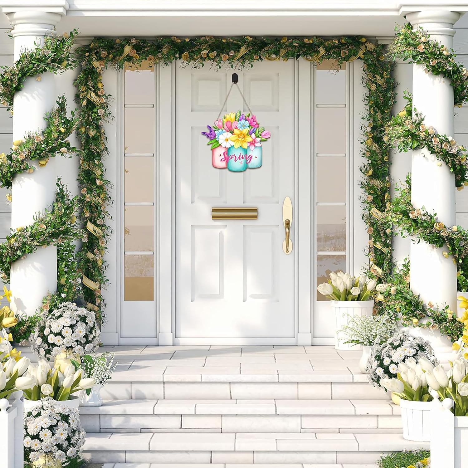 Decorative front door with floral arrangements and a 'Spring' sign.