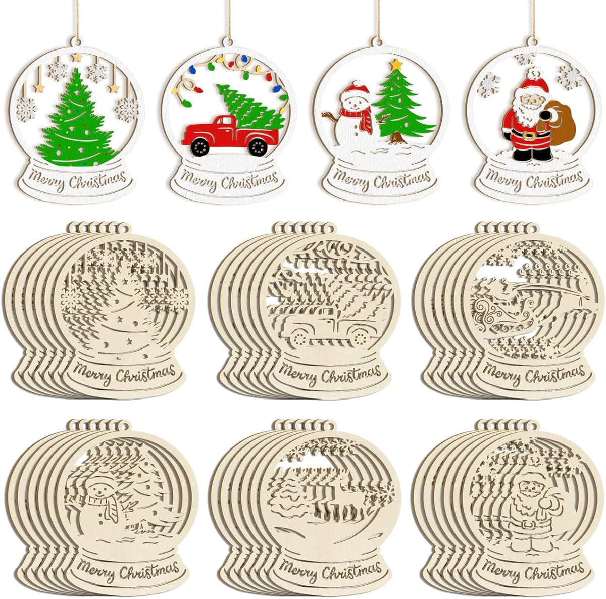 Set of Christmas-themed wooden ornaments with various designs on a white background.