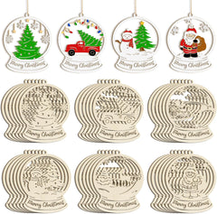 Set of Christmas-themed wooden ornaments with various designs on a white background.