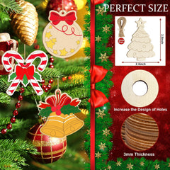 Wooden Christmas ornaments on a tree with packaging showing measurements and design details.