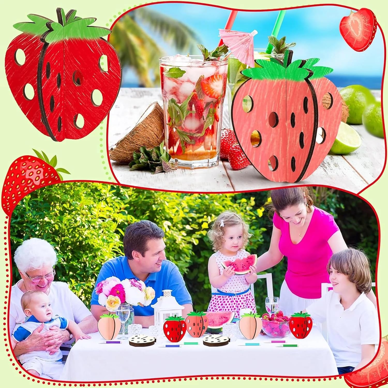 Collage of strawberry-themed items including a drink, decor, and family at a table.