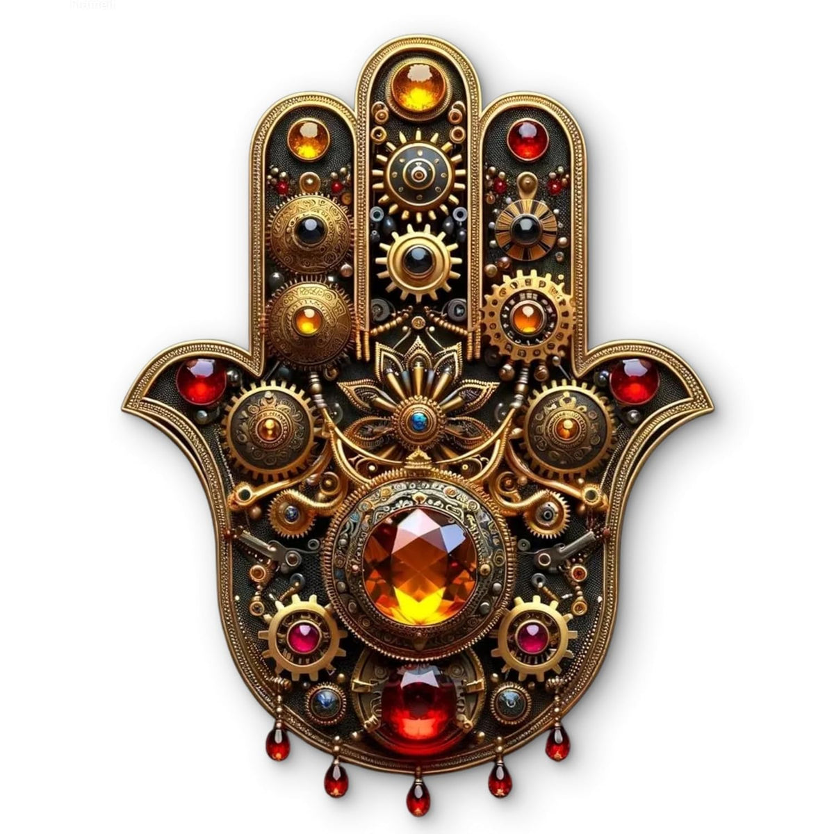 Decorative Hamsa hand with gold and gemstone details on a white background
