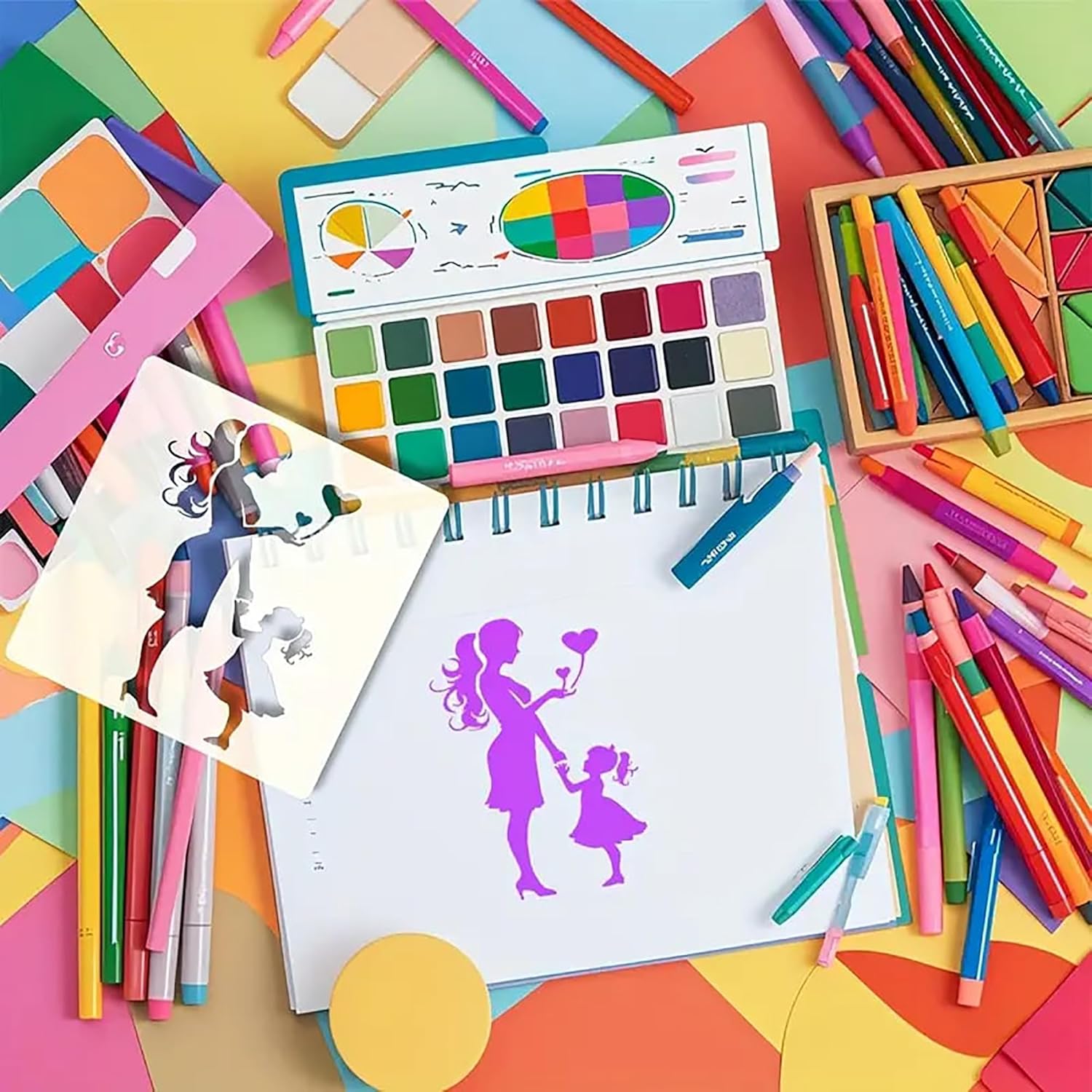 Colorful art supplies including markers, paint, and stencils on a colorful background
