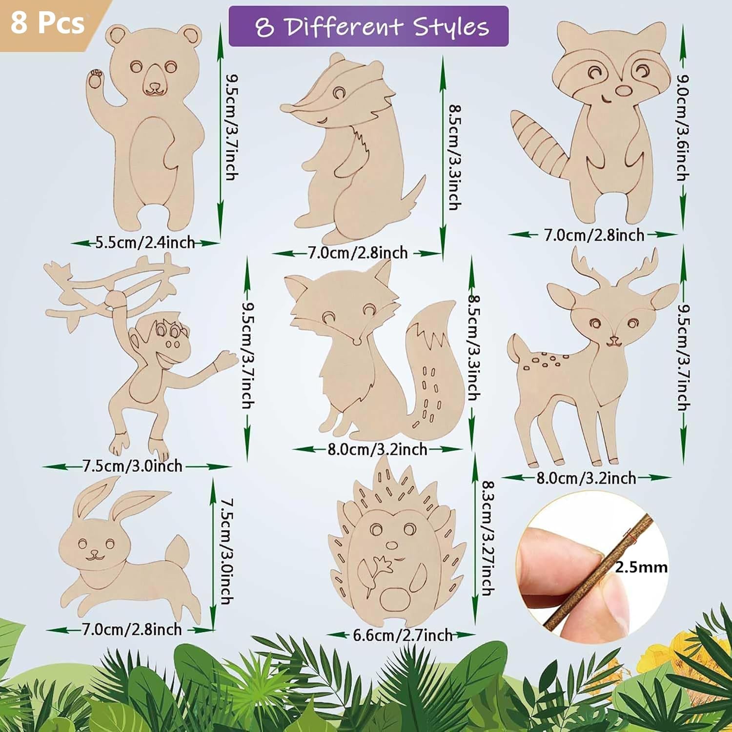 Set of 8 wooden animal figures with dimensions and a close-up of a small tool on a white background.