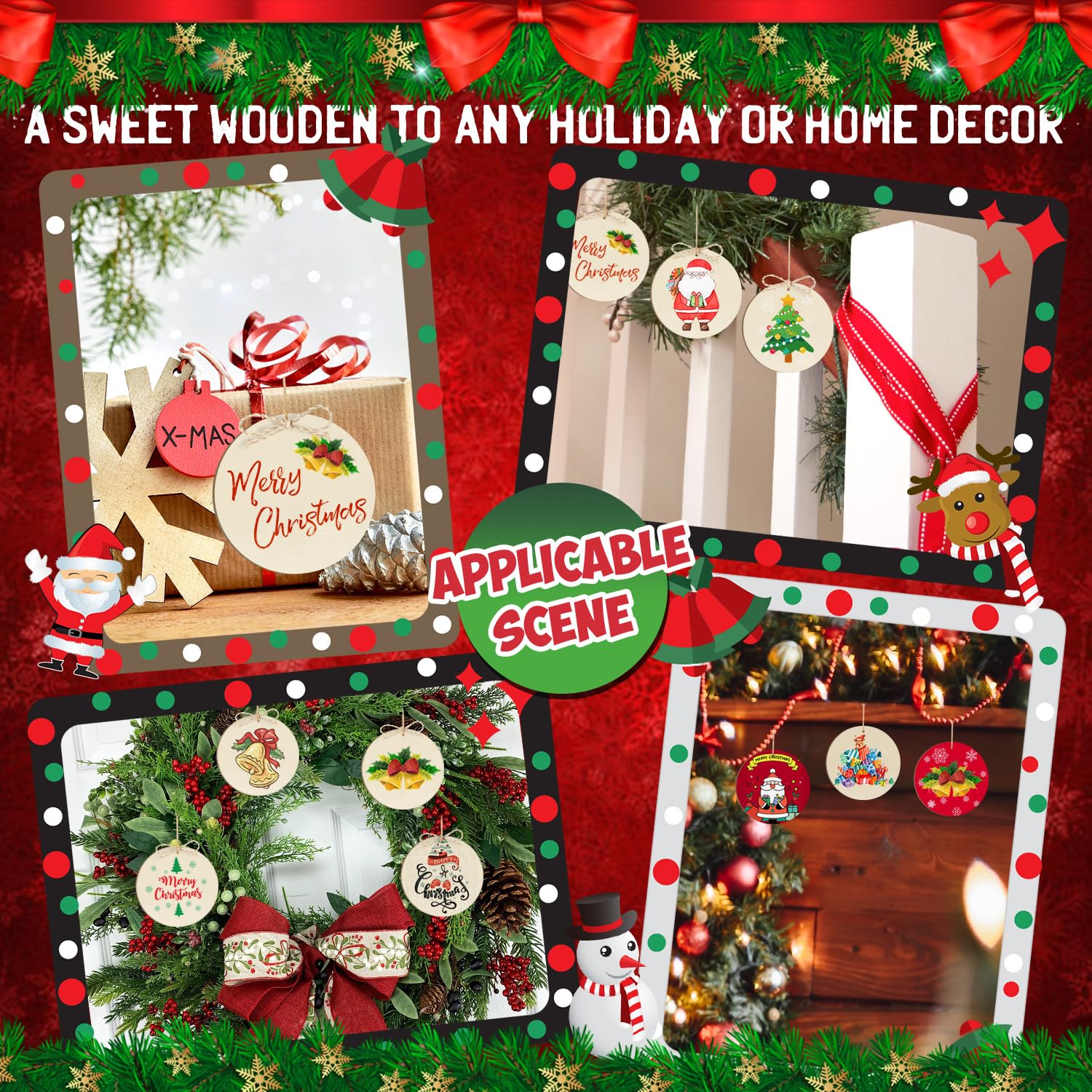 Decorative wooden signs with Christmas-themed designs on a festive red background.