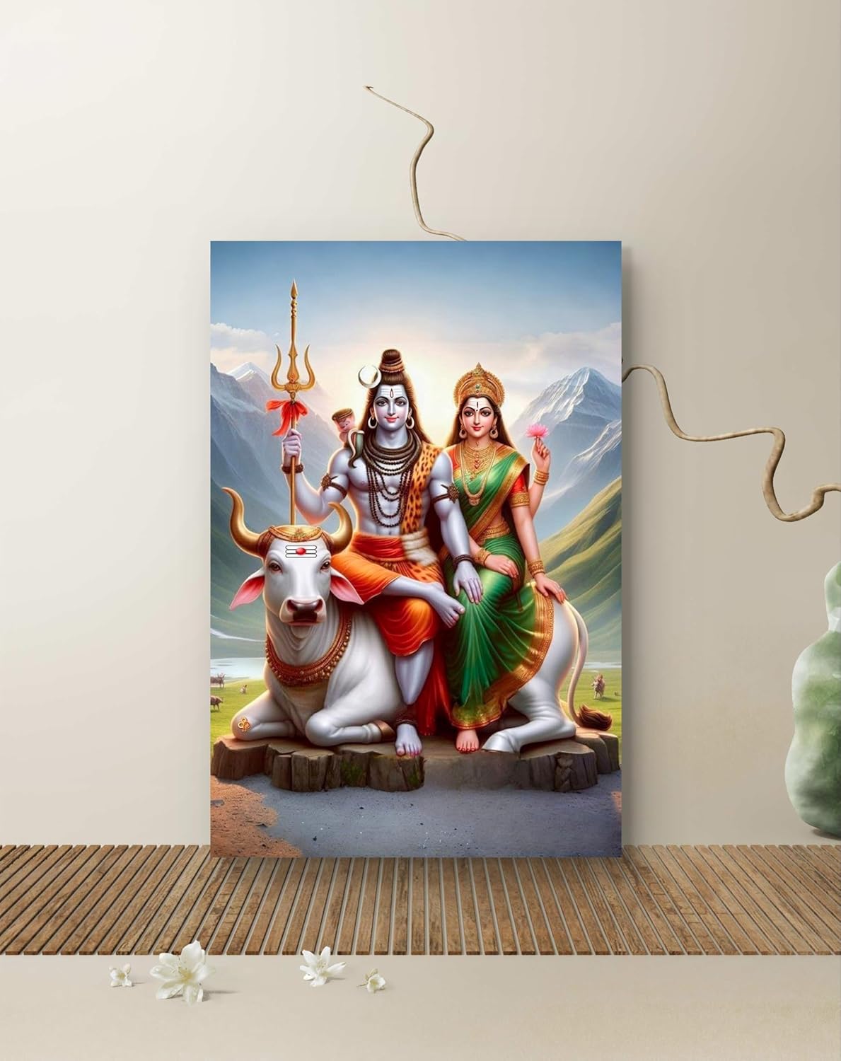 Canvas print of a religious or mythological scene with two figures and a bull against a mountainous background.