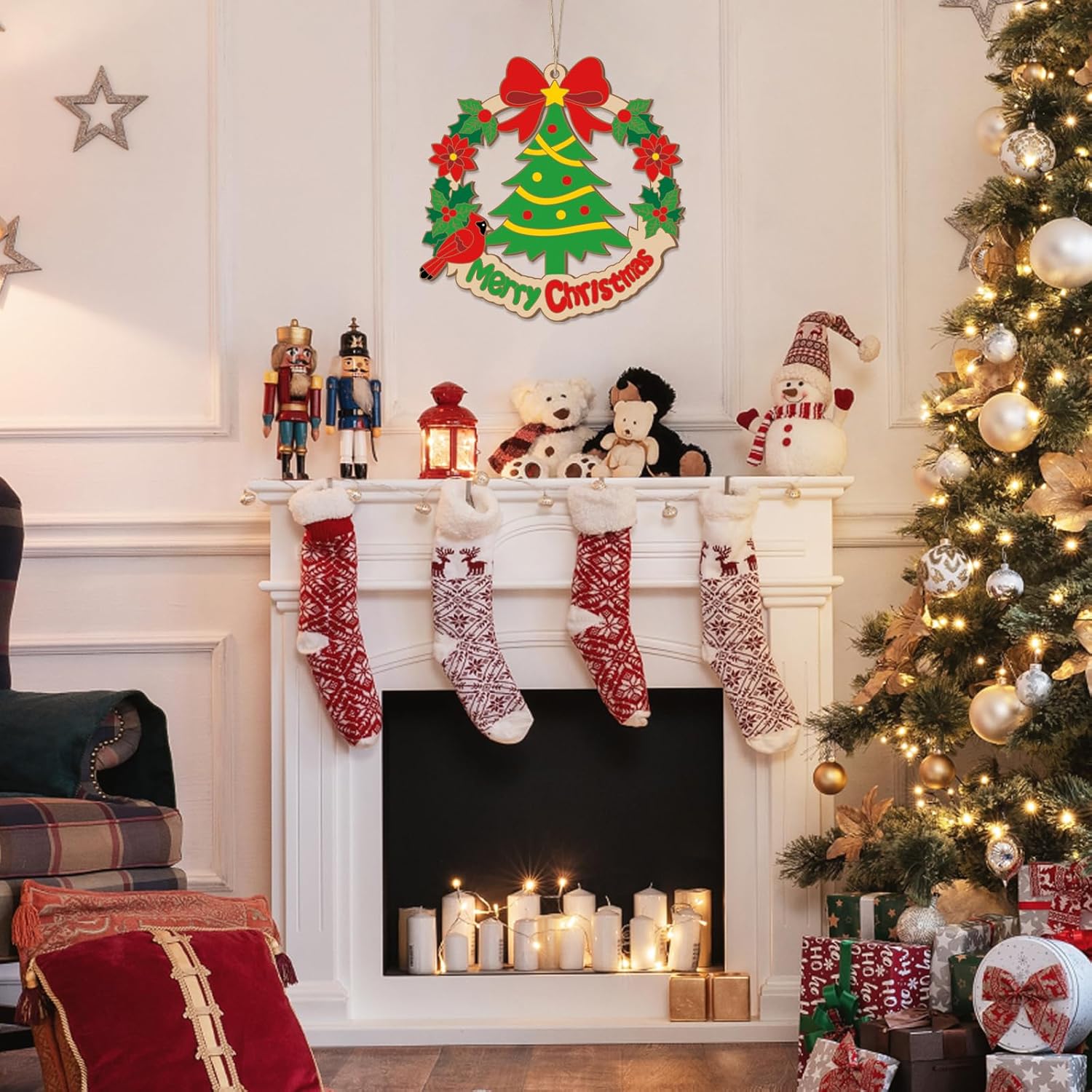Decorated Christmas fireplace with stockings, wreath, and tree.