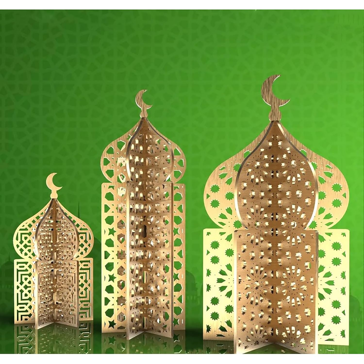 Decorative wooden arches with intricate cut-out patterns on a green background