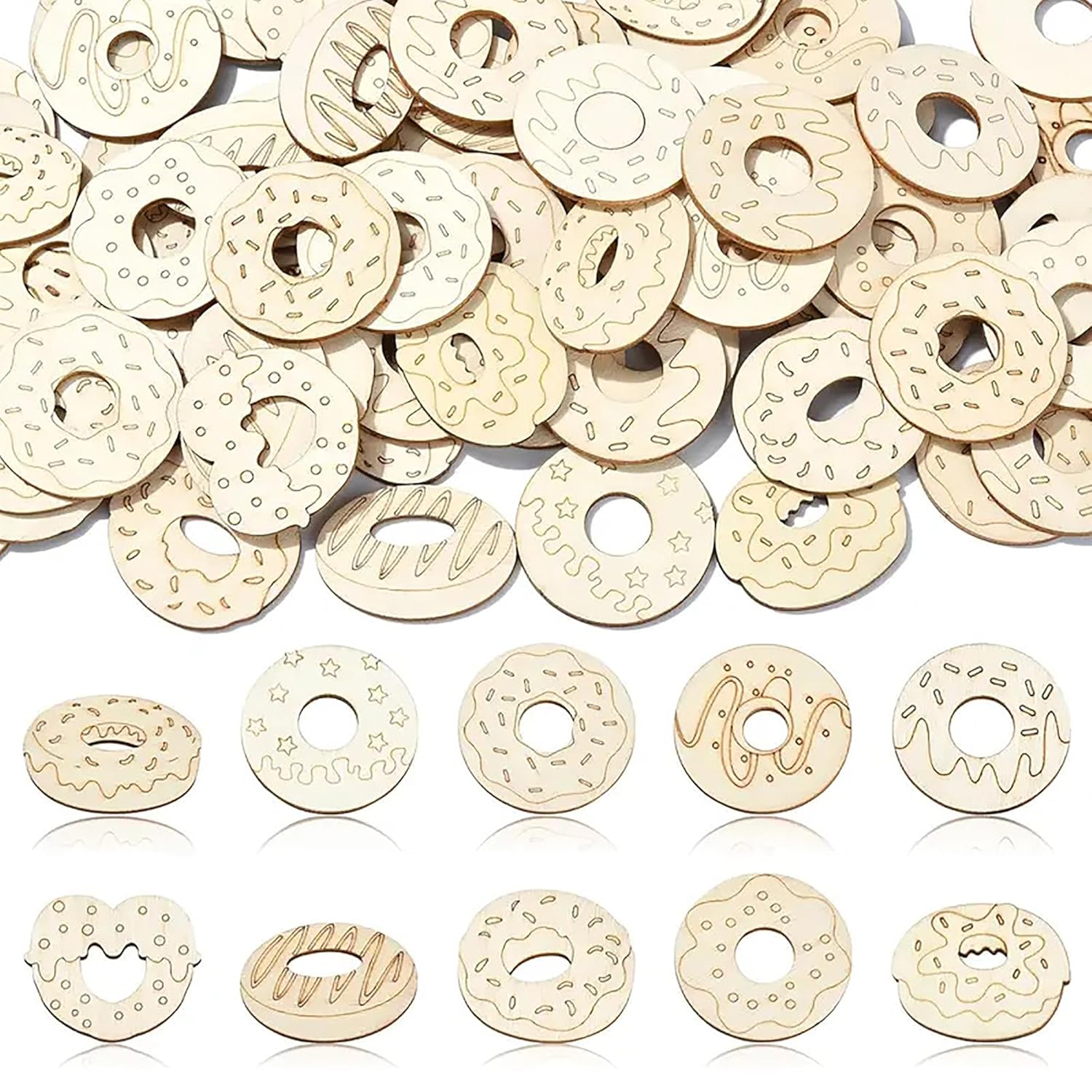 Wooden donut-shaped cutouts with various designs on a white background