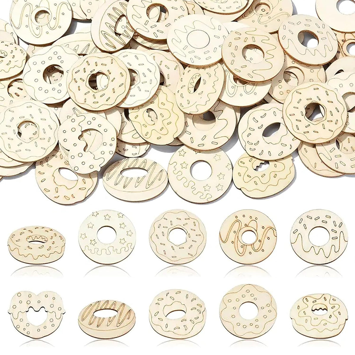 Wooden donut-shaped cutouts with various designs on a white background