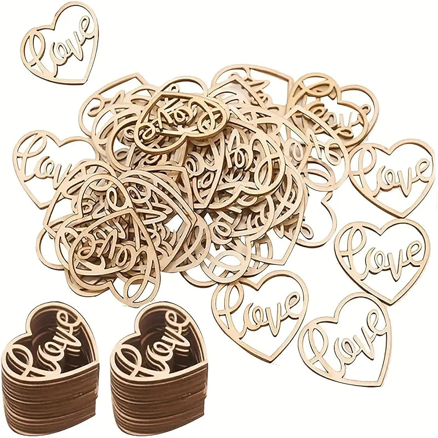 Wooden heart-shaped decorations with 'Love' engraving on a white background