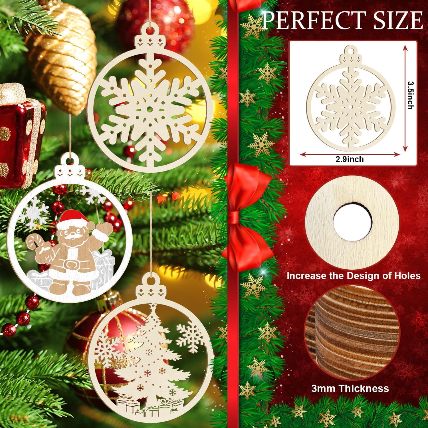 Decorative Christmas ornaments with measurements and design details on a festive background.