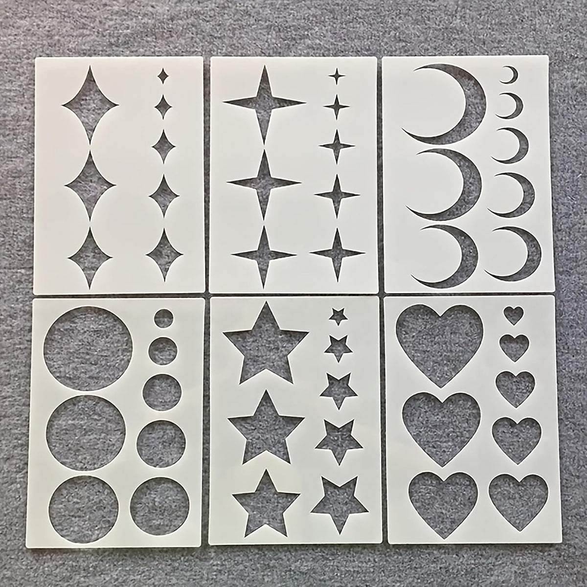Pack of 6 Reusable Geometric Stencil Set, PET Painting Stencils with Star, Moon, Heart and Circle Patterns for DIY Art, Wall Decor, Wood and Scrapbooking, Cliths