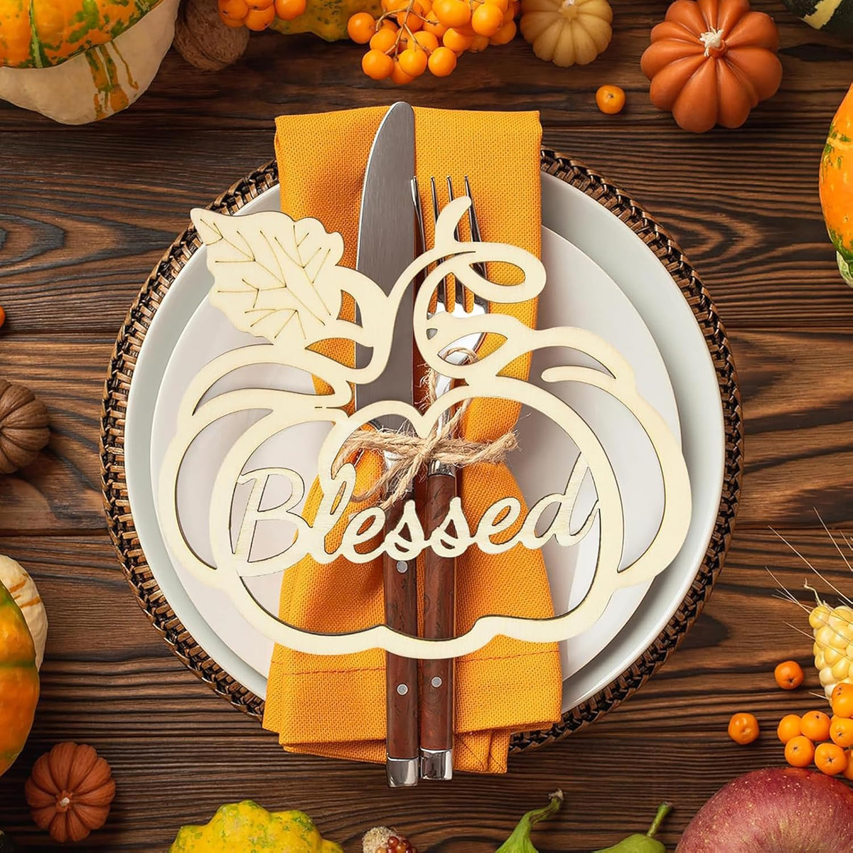 Cliths Pack of 6 Pumpkin Plate Décor Blessed Wooden Cutouts for Fall Table Settings Farmhouse