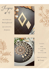 Product description card with geometric shapes, material details, and size information on a beige background.