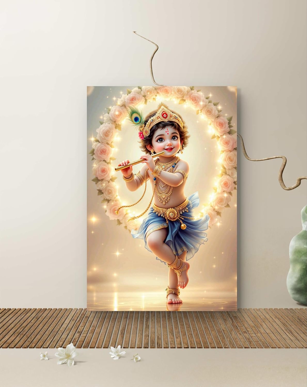 Canvas print of a child-like figure with decorative elements on a wall.