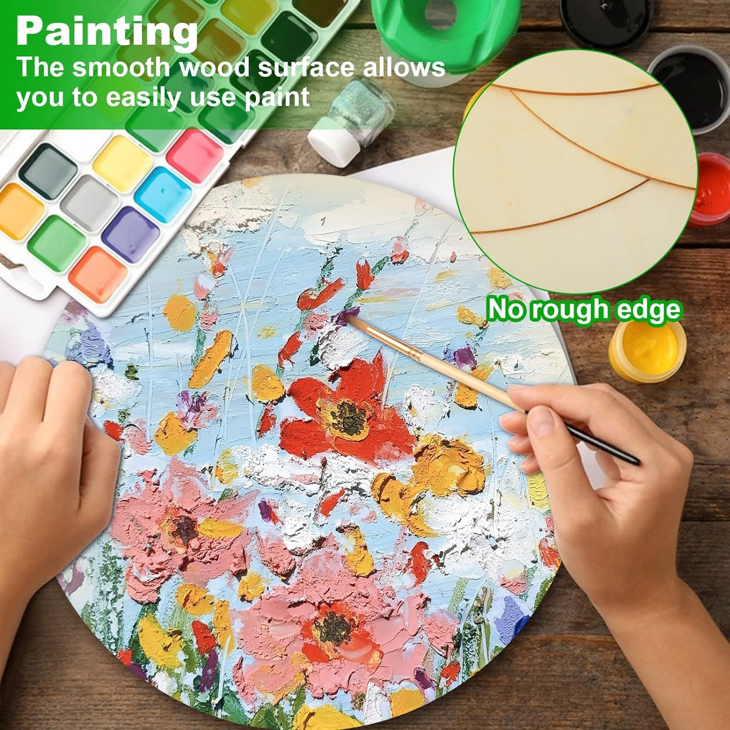 Person painting a floral design on a round wooden surface with a paintbrush, surrounded by art supplies.