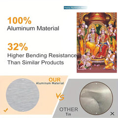 Advertisement comparing aluminum material to tin, with text and images of a religious scene.