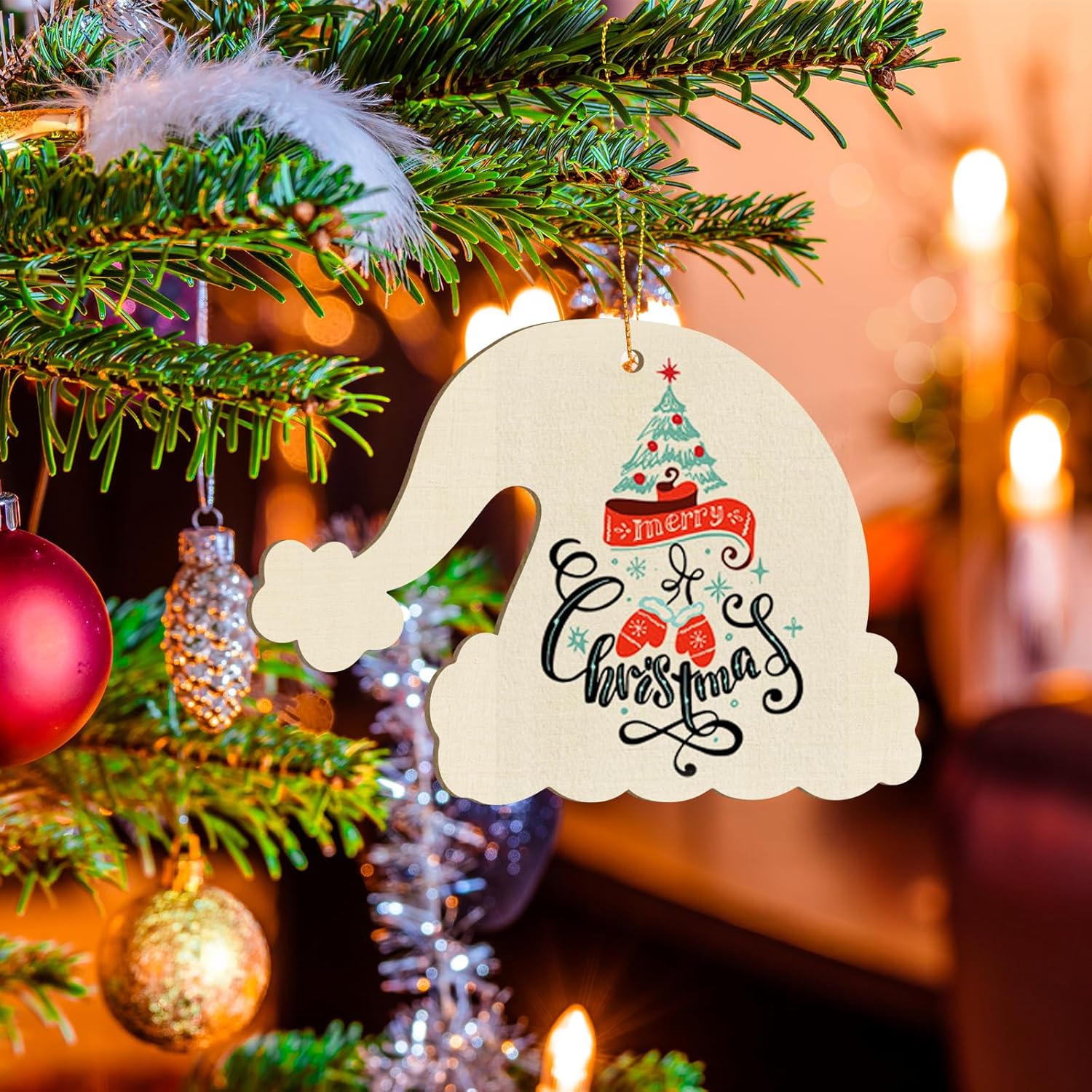 Decorative Christmas ornament with 'Merry Christmas' text on a lit candle background.
