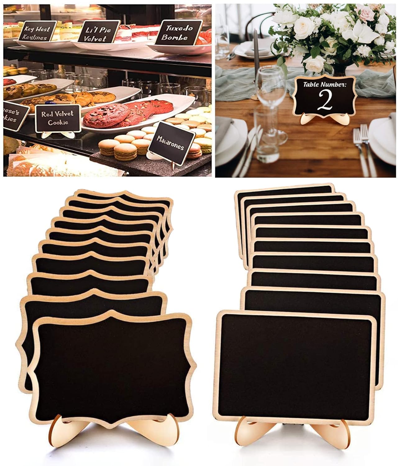 Set of small blackboards with stands on a white background, used for displaying table numbers or menu items.