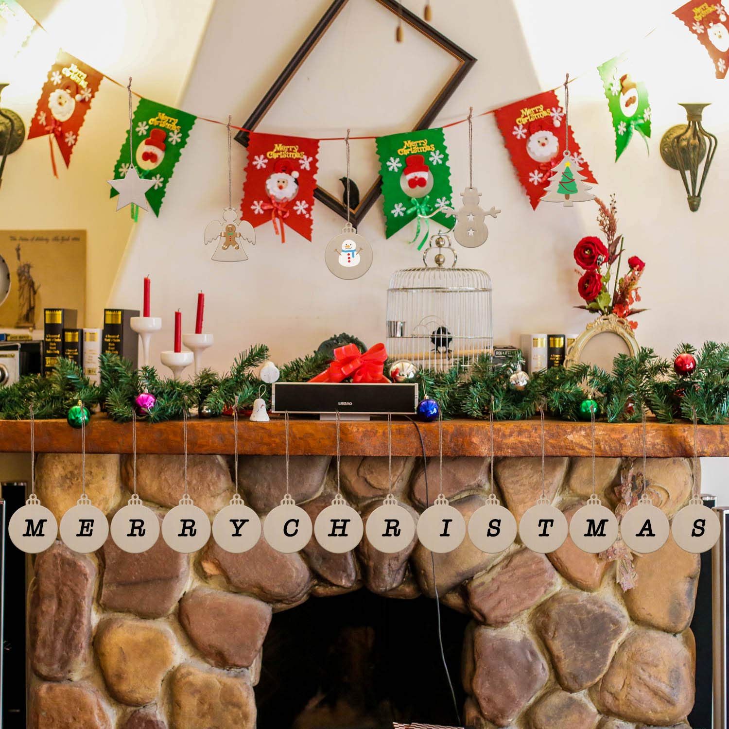 Decorated fireplace with Christmas decorations, including a 'Merry Christmas' banner.